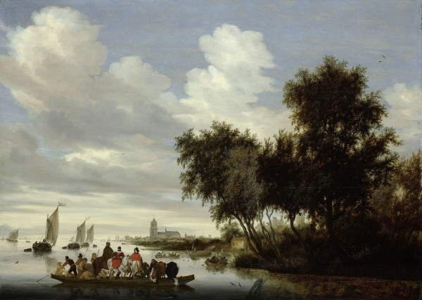 River Landscape with ferry boats and church by Salomon van Ruysdael
